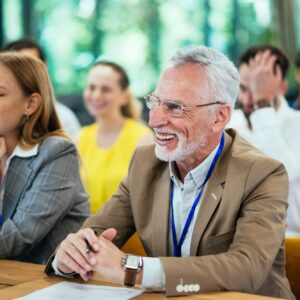 Cinematic image of a conference meeting.